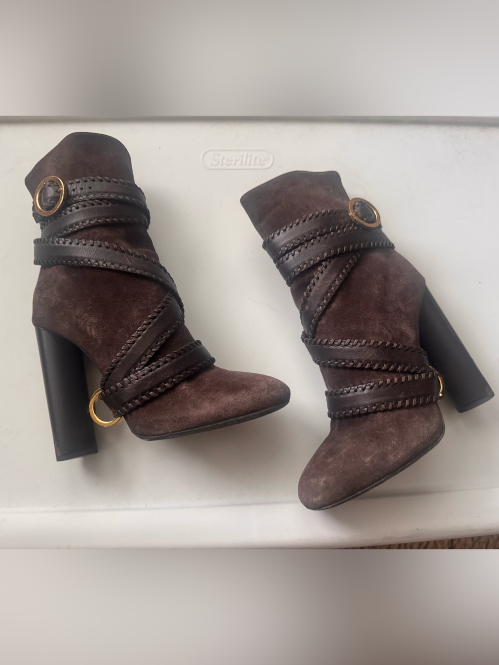 Tom Ford Brown Suede Wrap-Strap High Heel Ankle Boots
